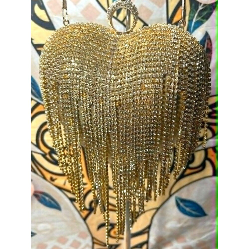 Gold Rhinestone Fringe Evening Bag – Heart‑Shaped Clutch